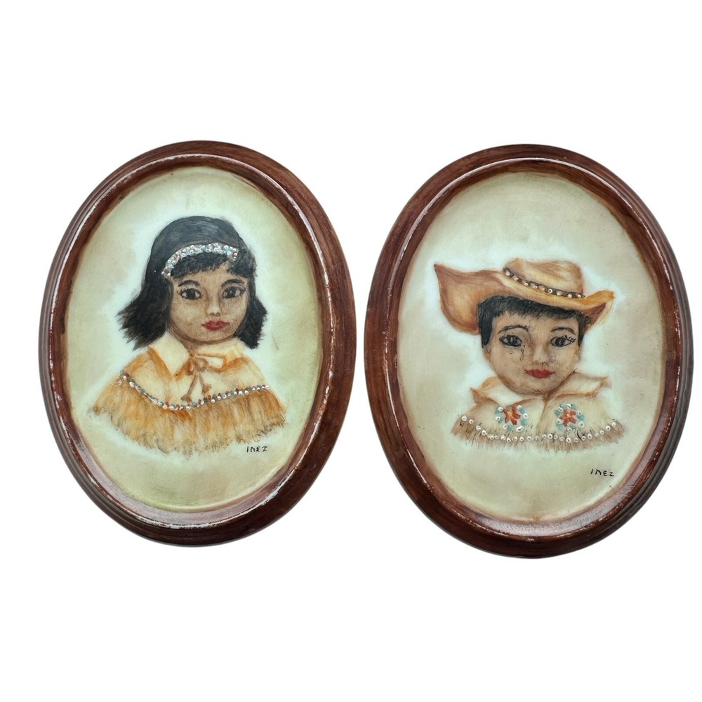 VTG Artisan Inez Two Signed Pictures 5 Inch Boy Girl Native American Southwest